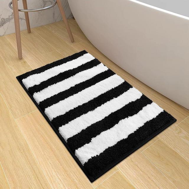 Sivilife Black and White Striped Bath Mat, Plush Water Absorbent Bathroom Rugs Non-Slip Machine Washable Quick Dry Bathroom Mat Indoor Doormat Luxury Shaggy Bath Rug for Shower Bathtub Sink, 18"x25"