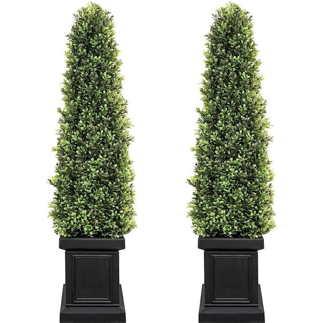 3.5ft Boxwood Outdoor Topiary Set of 2, Tall All Year Green Fake Plant Topiary Trees Artificial Outdoor Porch Trees with Sturdy Pot for Outdoor Indoor (Square)