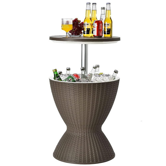 Tangkula Outdoor Cool Bar Table, Rattan Style Patio 8 Gallon Beer and Wine Cooler, All-Weather Ice Bucket w/Height Adjustable Top, Drainage Plug, 3-in-1 Cocktail Coffee Table for Party, Barbecue, Picnic