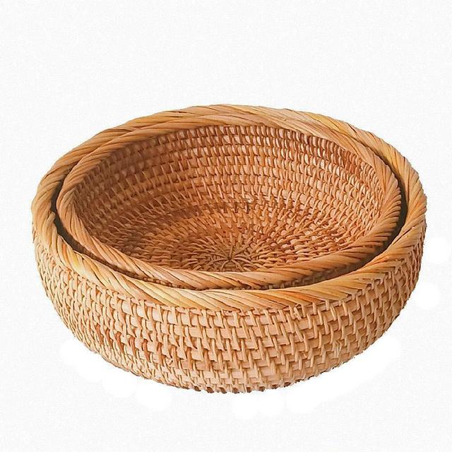 amololo Hadewoven Round Rattan Fruit Basket Wicker Food Tray Weaving Storage Holder Dinning Room Bowl（2-Size Kit）