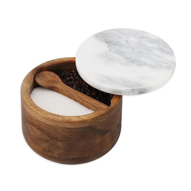 KITCHENDAO Acacia Wood Salt and Pepper Box Bowl Cellar with Grey Marble Lid and Built-in Spoon,Large Salt Cellar Container Storage Spice Herb Sea Bath Salt,Dual 5Oz Capacity