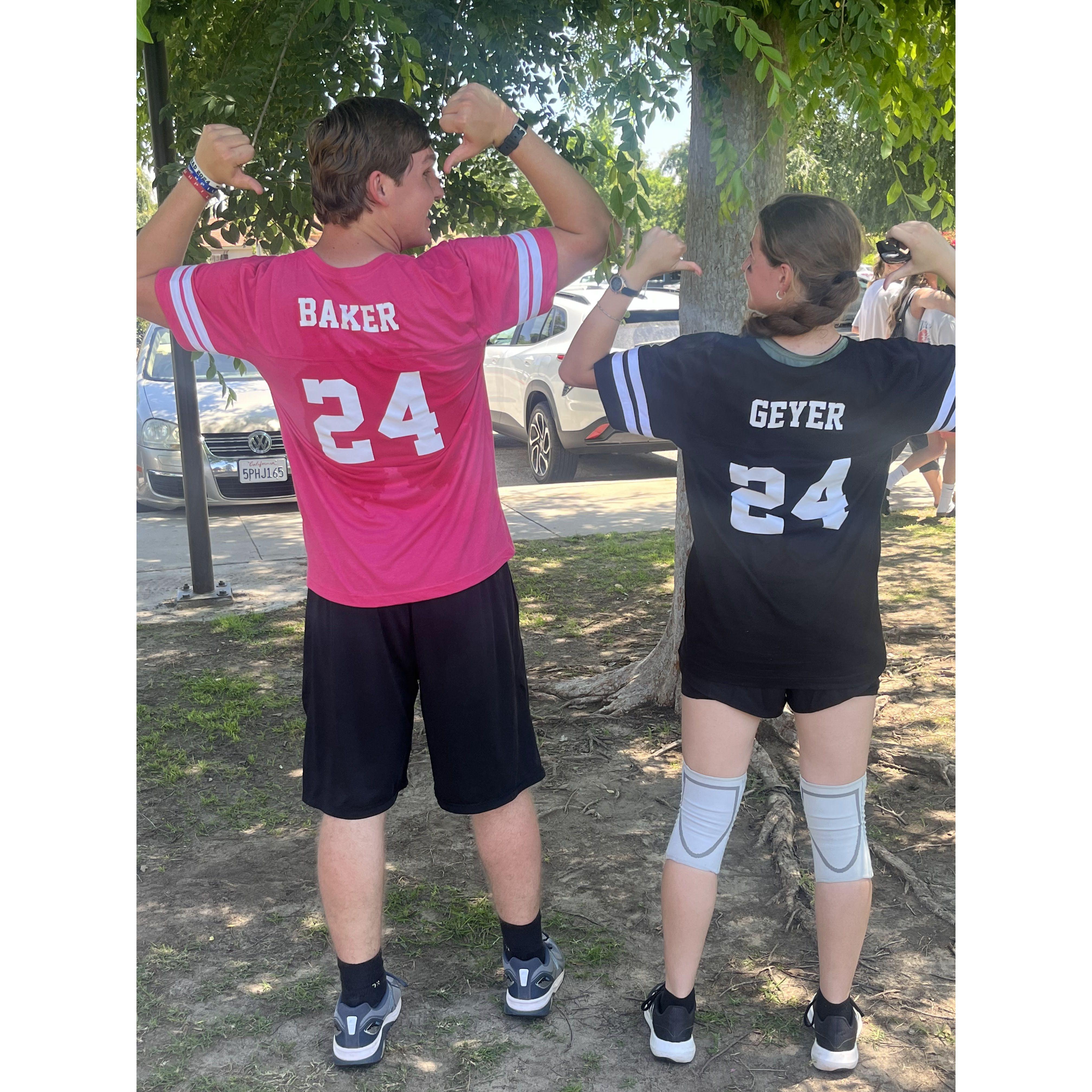 We participate in our Church's Barbie Bowl. The girls played football while the guys cheerlead. We had custom jerseys with our names.