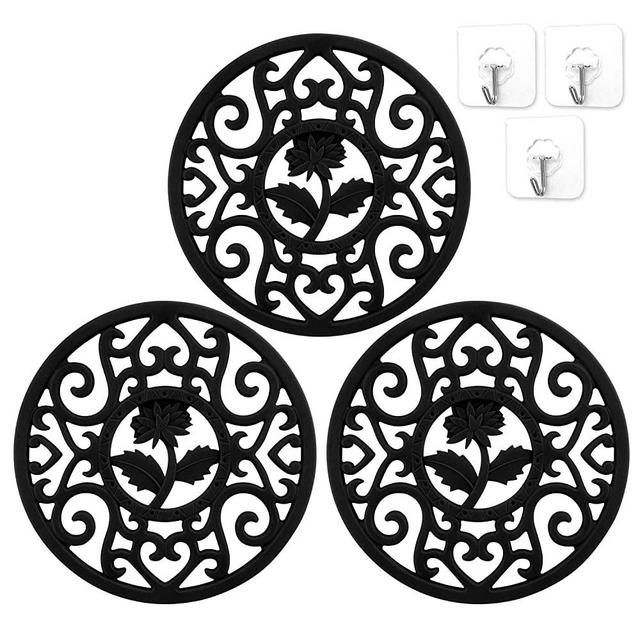 Silicone Trivet Mat-Set of 3 Silicone Multi-Use Intricately Carved Trivet Set for Hot Dishes, Kitchen Mats, Table Mats, Vintage Flower Design Kitchen Hot Pads For Pots & Pans (Extra Thick, Black)