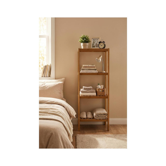 4-Tier Bamboo Shelf with Slatted Shelves, Narrow Plant Stand & Towel Rack for Bathroom, Kitchen, Living Room – Natural Wood