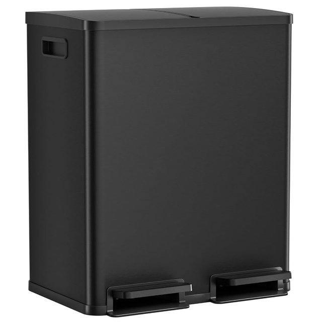 DUMOS Kitchen Trash Can, 2x8-Gallon Dual Trash Can with Lid, Stainless Steel Garbage Bin with 2 Removable Inner Buckets, Soft-Close Foot Pedal for Kitchen, Home, Office, Matte Black