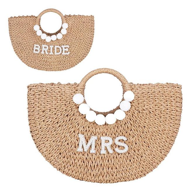 PureRejuva Bride Beach Bag- Mrs Beach Bag- Designer Bride Bag for Weddings -Honeymoon Bag- Cute Compact Size Straw Mrs Bag