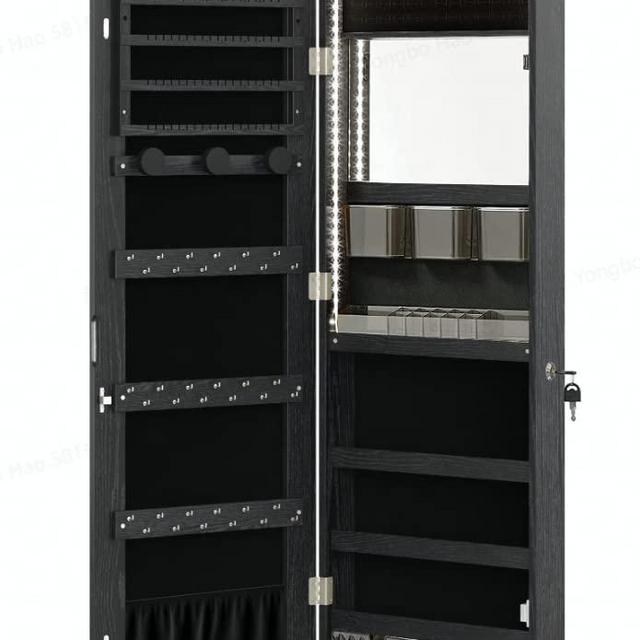 SONGMICS Jewelry Cabinet Armoire Organizer with LED Lights, Wall-Mounted Storage Cabinet with Full-Length Frameless Mirror, Built-in Makeup Mirror, 2 Drawers, Lockable, Black UJJC013B01