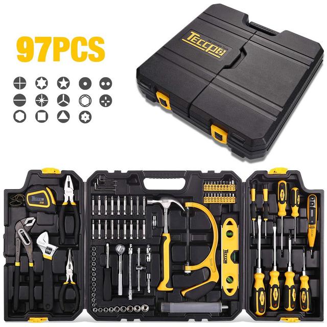 Tool Set, TECCPO 97PCS Household Tool Kit, Hand Tool Kit with Hammer, Wrenches, Precision Screwdriver Set, Pliers, Flex Shaft, Acccessories and Toolbox-THTC02H- Best Gift for New Year