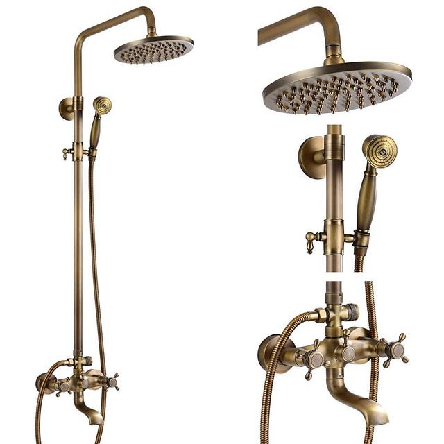 Antique Brass Bathroom Shower Fixture 8-inch Rainfall Shower Head Sets Vintage 2 Cross Knobs Wall Mounted Mixer Bathroom Shower Combo Set Adjustable Handheld Shower Spray Triple Function