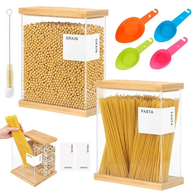 Acellegic 2 Pcs 4L Bamboo Food Dispenser Kitchen Organizers and Storage with Labels Airtight Pantry Organizers and Storage Container with Measuring Cups for Cereal, Rice, Flour, Sugar, Snack
