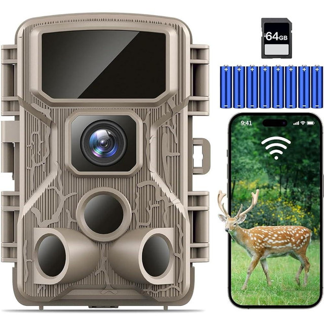 Punvoe Trail Camera WiFi 4K 64MP with 64GB Memory Card 8 Batteries and Night Vision Ip67 Waterproof 130°Wide Angle 0.1s Trigger Speed, Suitable for Outdoor Wildlife Detection, Monitoring Game Cam