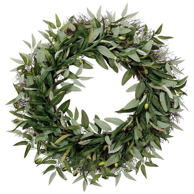 SOFTFLAME 24 inch Artificial Wreath Green Leaves Wreath Olive Branch Greenery Wreath, Perfect for Home Office Indoor Decoration