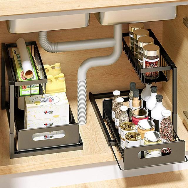 Simply HQ Under Sink Organizers and Storage, 2-Tier L-Shaped Under Kitchen Bathroom Sink Organizer, Pull Out Cabinet Organizer, Under Sink Shelf, Gifts for Mom as Under Sink Organizers