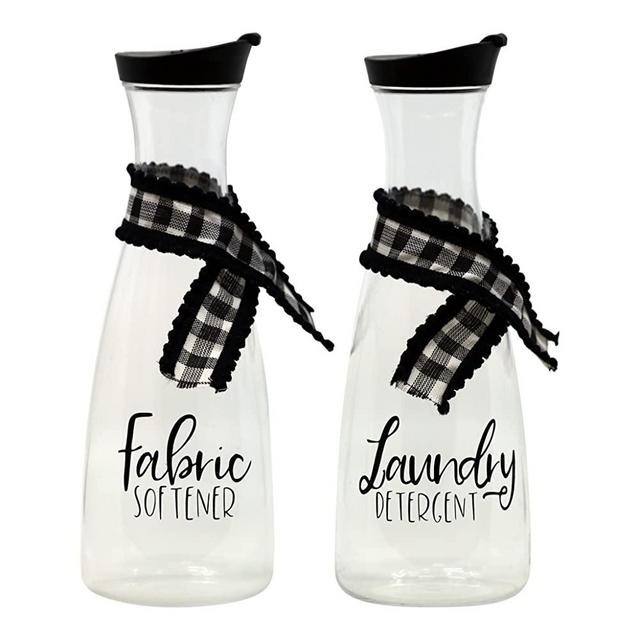 AMP Premier Products Decorative Laundry Detergent Dispenser Bottles - For Liquids, Soap, Fabric Softener - Light, Shatterproof PET Containers, Easy Pour Function - 2 Checkered Ribbons, 2-Pack