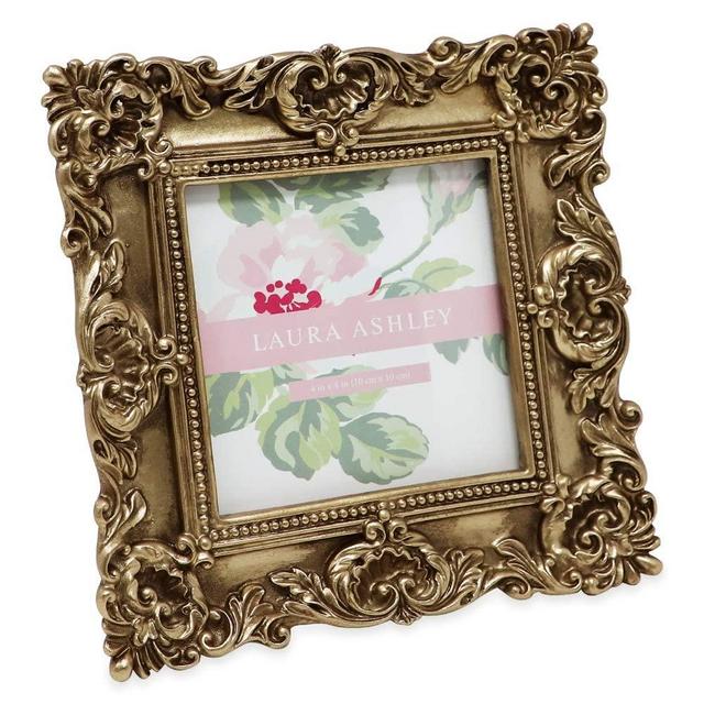 Laura Ashley 4x4 Gold Ornate Textured Hand-Crafted Resin Picture Frame with Easel & Hook for Tabletop & Wall Display, Decorative Floral Design Home Decor, Photo Gallery, Art, More (4x4, Gold)