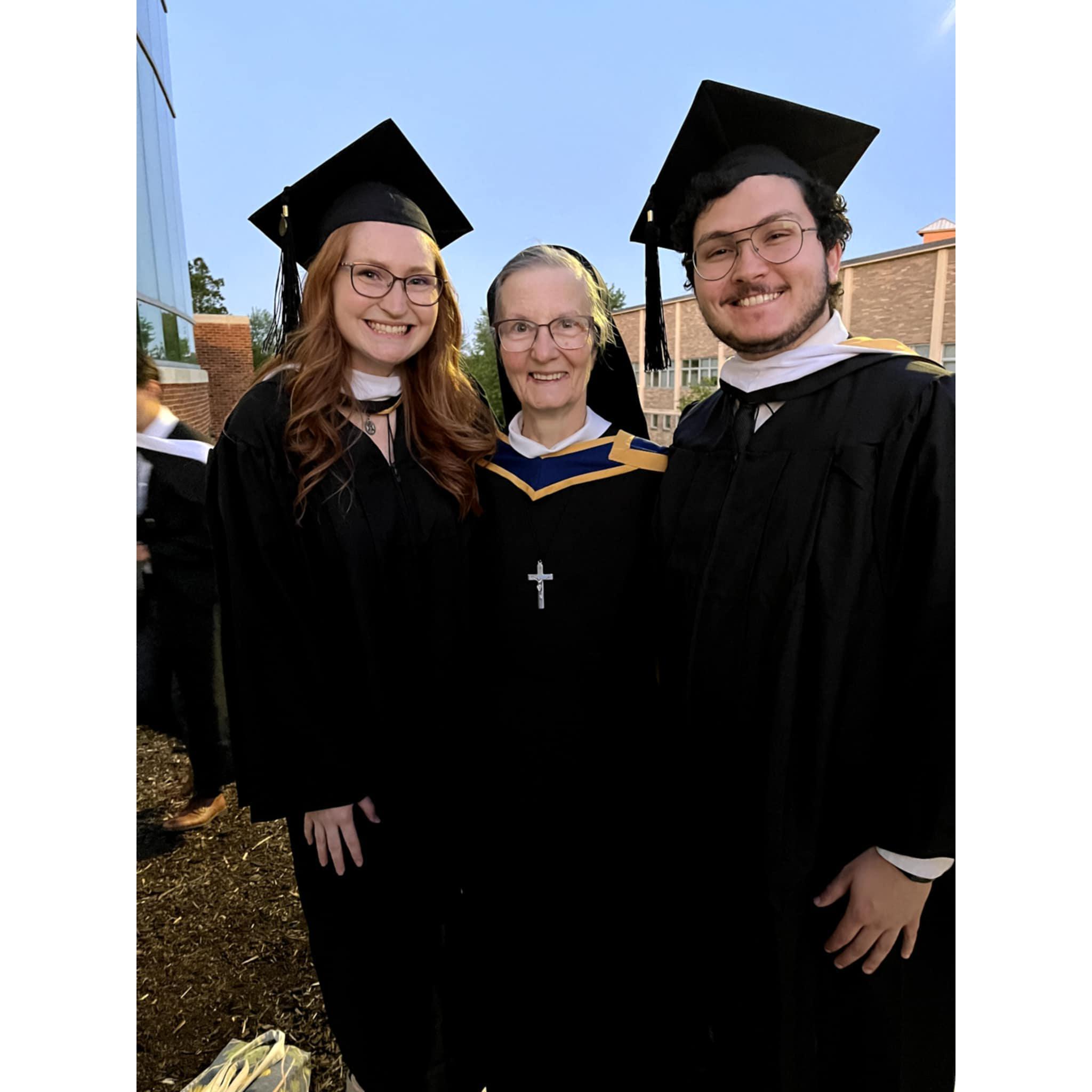 (2025) Abby and Joey with Sister Johanna... we were in her class together our first semester at Franciscan, and the rest is history