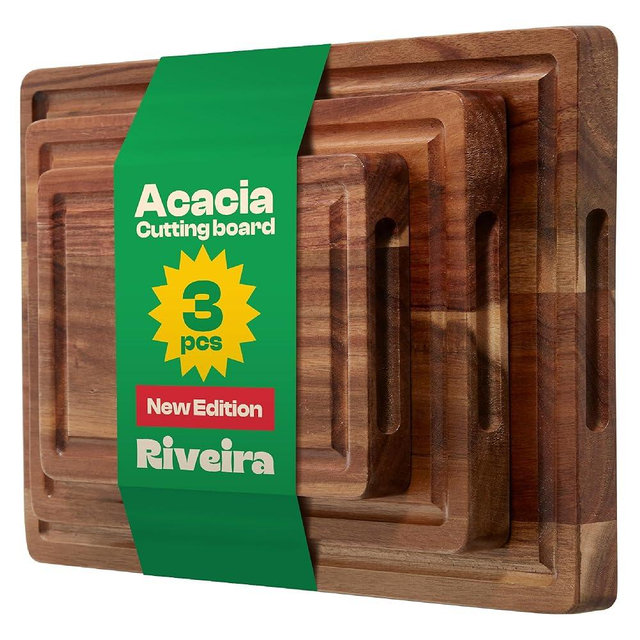 Riveira Acacia Wood Cutting Board – Versatile and Durable: Set Of 3 Pcs Rectangular Wooden Cutting Board – Natural Wooden Cutting Boards For Kitchen – Complete Acacia Wooden Chopping Board