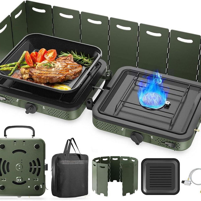 Camping Stove, 2 Burner Propane Stove With Grill,17,000 BTU Camp Stove, Foldable Camping Stove Propane Includes Carry Bag,Windscreen & Grill,Adjustable Burners & Piezo Ignition for Tailgating,BBQ,Camp