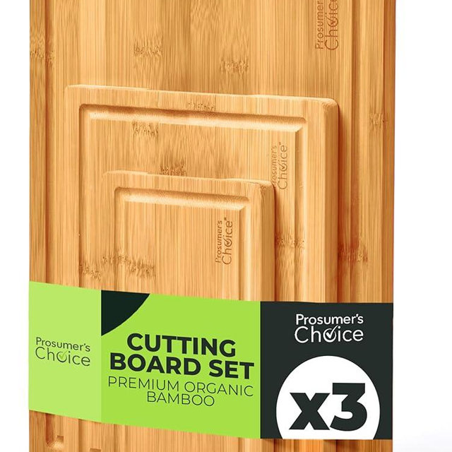 Prosumers Choice Bamboo Cutting Board Set - Chopping Boards for Kitchen Meal Prep - Set of 3 - Built-In Side Handles, Serving Tray, Cheese Platter - Meat Cutting Boards