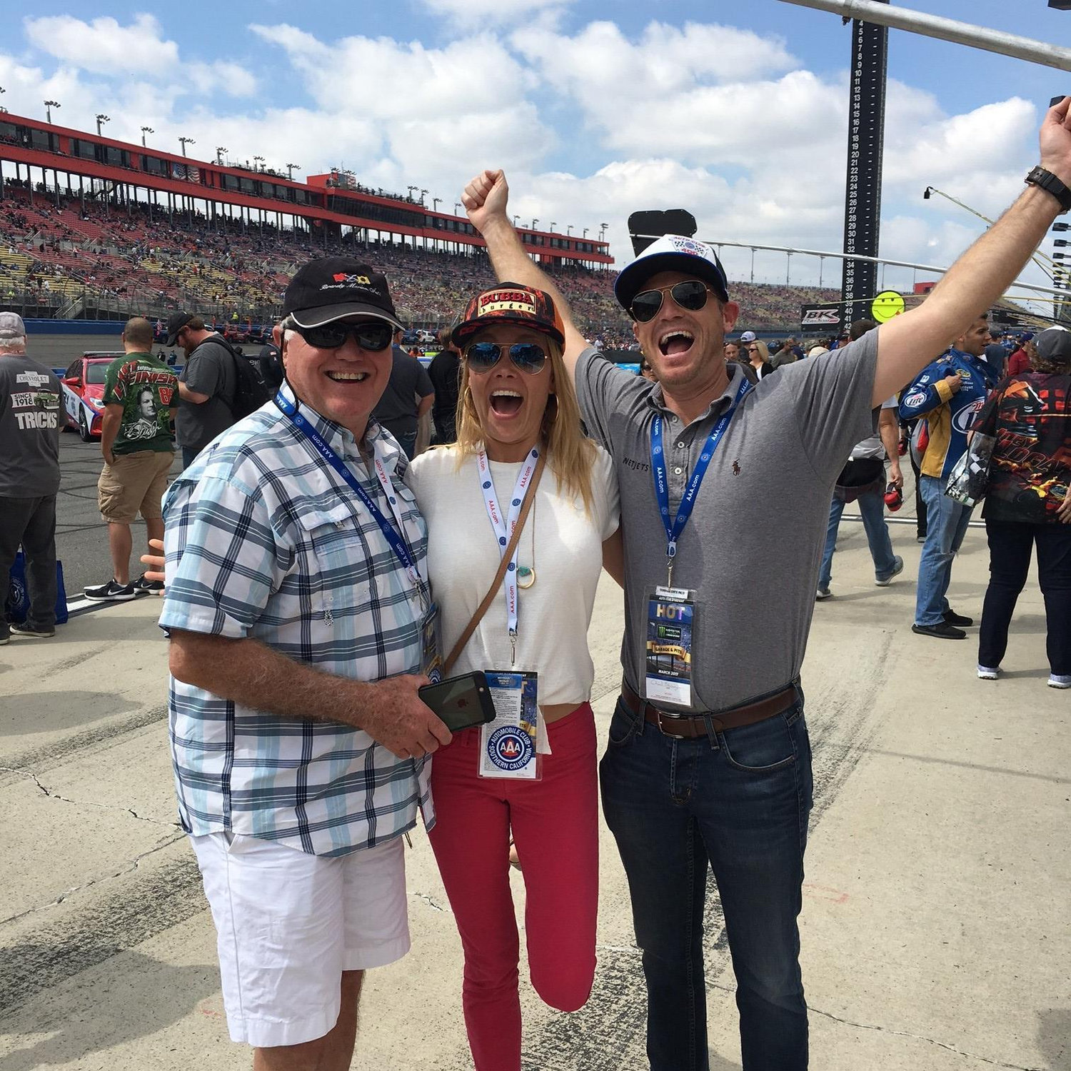 One of Chad's secrets is he loves NASCAR races. Here is Bruce (Chad's dad), Shana & Chad at Fontana.