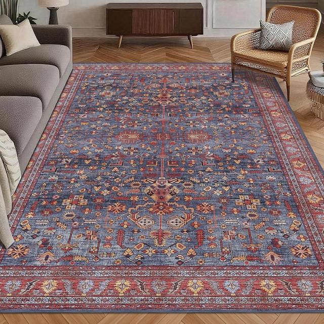Washable Area Rug 5' x 7' Vintage Traditional Persian Mat - Foldable Distressed Non-Slip Machine Washable Carpet for Living Room Bedroom Kitchen Home Decor - Indigo and Crimson