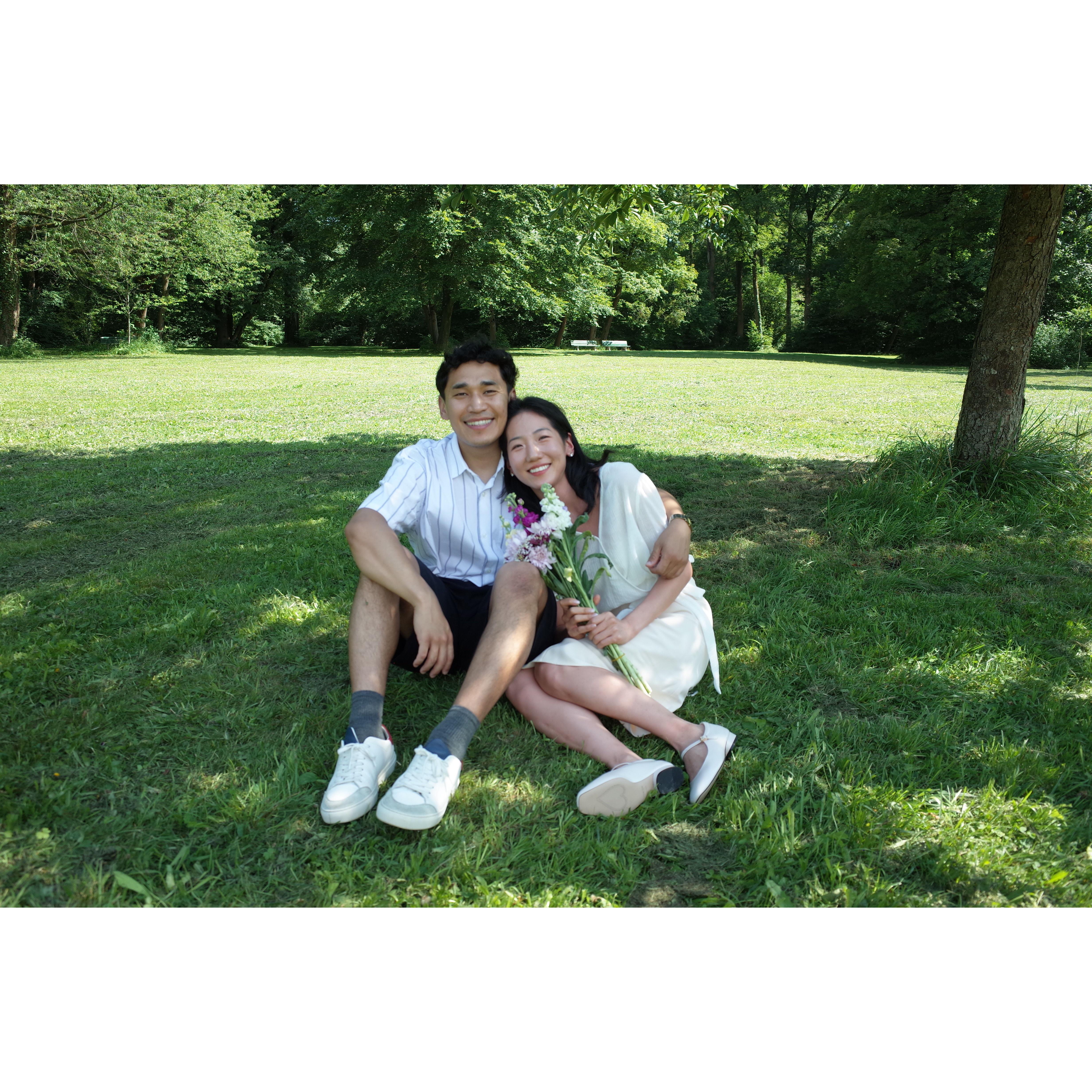 July 2024: We met halfway in Munich, Germany and here we got engaged!