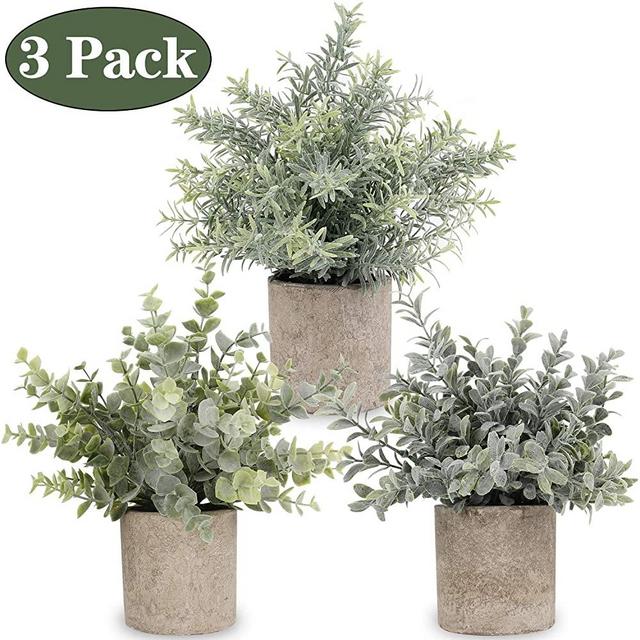 APPOK Artificial Potted Plants Mini Fake Eucalyptus Plant, Small Plastic Green Grass with Pot, Faux Rosemary Plants for Home Decor, Indoor, Table Decoration - 3 Pack, Flocking Green