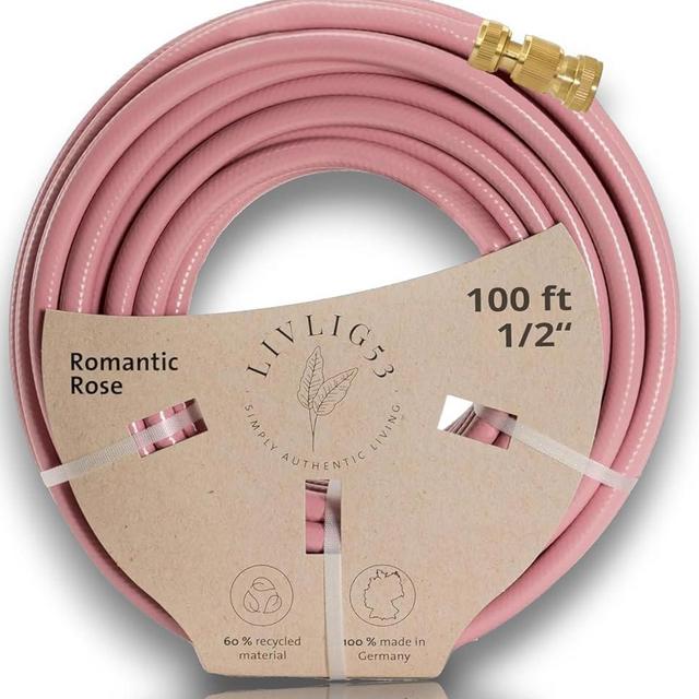 LIVLIG Garden Hose 1/2 inch, For Any Nozzle, 100 ft with Brass Quick Connect, Water Hose Made in Germany, Recycled Material, Rose Pink Personalized Color for Outdoor Living Design