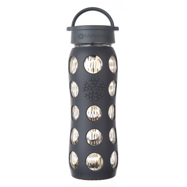 22 oz Glass Water Bottle with Classic Cap and Silicone Sleeve - 24k Fused Gold, Onyx Freestyle