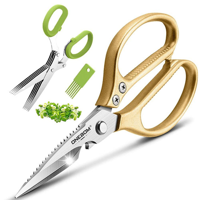 (2Pack）ONEBOM Kitchen Scissors, Heavy Duty Sharp Kitchen Shears Dishwasher Safe,Stainless Steel Kitchen Accessories Cooking Shears for Kitchen Meat Chicken Fish Poultry Herb Bread (Gold)