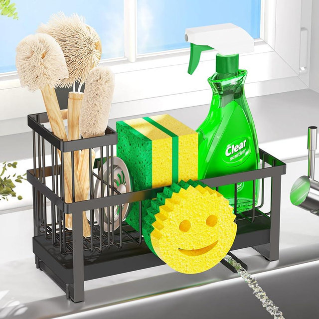 Taugast Sponge Holder for Kitchen Sink,Sink Caddy with Removable Dish Brush Holder,Self-Draining Kitchen Countertop Organizers and Storage Essentials,Soap Dispenser Organize and Home Decor-Black