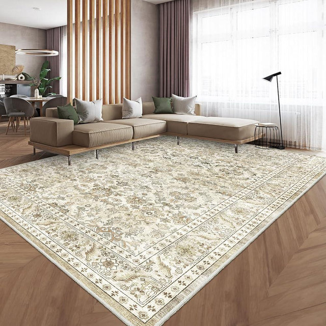 HOMFINE Machine Washable Rug 9'x12' - Vintage Design Area Rugs with Non Slip Rugs for Living Room Bedroom Floral Print Rug Carpet Stain Resistant, Home Decor Office Area Rug, Beige