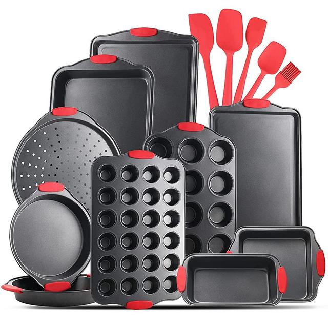 JoyTable Bakeware Set - 15 PC Baking Pans Set Nonstick Surface - Bakeware sets with Baking Pan, Oven Pan, Cookie Sheet, Baking Trays & More - Nonstick Bakeware Set with Silicone Handles & Utensils