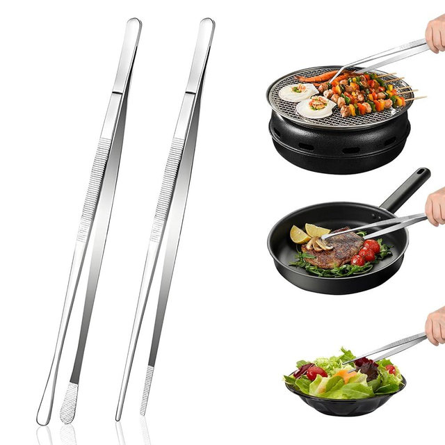 XinPinHui 2-Piece Set of 12 Inch Stainless Steel Kitchen Tweezers - Pliers for Cooking And Food Processing (Straight clip+round head clip)