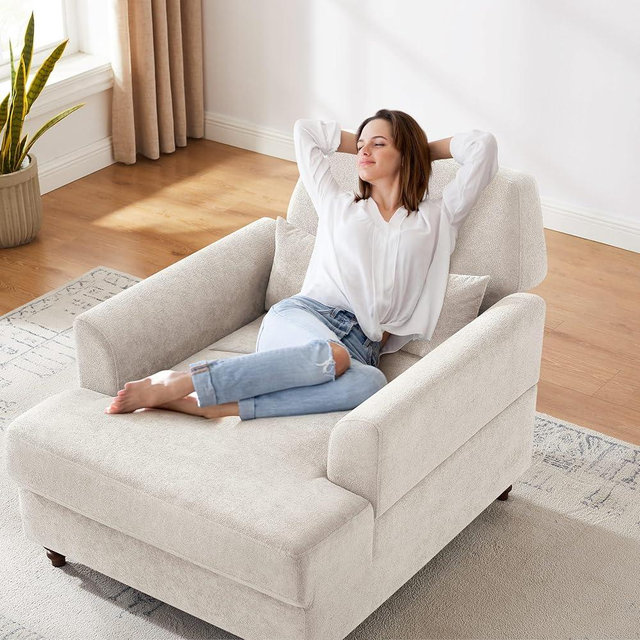 Chaise Lounge Chair Indoor with Adjustable Backrest, Oversized Accent Armchair for Living Room & Bedroom, Upholstered Mid-Century Reading Chair, Comfy Single Sofa Chair, Modern Living Room Chair