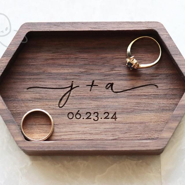 Slim Hexagon Wood Tray, Wedding Gift for Couple, Initials Ring Dish, Custom Jewelry Tray, 5th Anniversary Gift Engagement Gift, Gift for Her