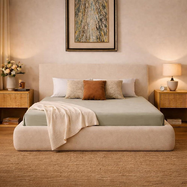 Yechen Queen Platform Bed Frame, Upholstered Queen Bed Frame with Headboard, 5.9" Thick Padded Cloud Bed Frame with Ribbed Chenille Fabric, Easy Assembly, No Box Spring Needed, Noise Free, Cream