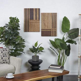 Geometric Wooden Carved Two-Toned Wall Decor, Set of 2