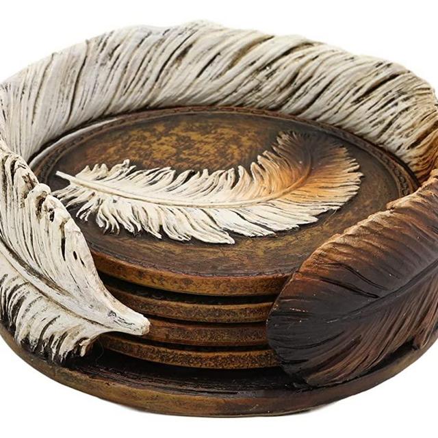 Ebros Rustic Western Indian Eagle Feather Sculpted Coaster Holder with 4 Round Coasters Decor Set in Vintage Colors for Drinks Cups Mugs Home and Kitchen Dining Decorative Figurine Southwestern