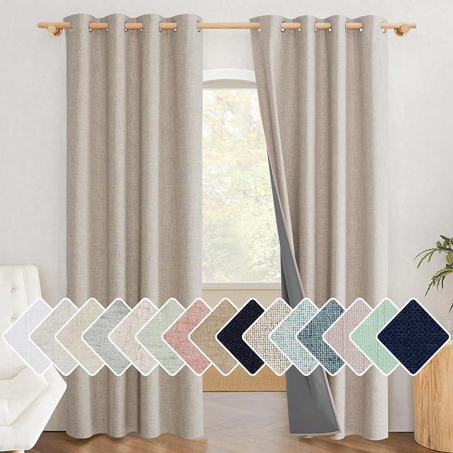 NICETOWN Oatmeal Vintage Open Linen Weave Flax Thermal Curtains, 100% Blackout Curtains 84 inches Long for Dining Room, Soundproof Window Treatment Drapes for Hall Room, 52" Wide Per Panel, Set of 2