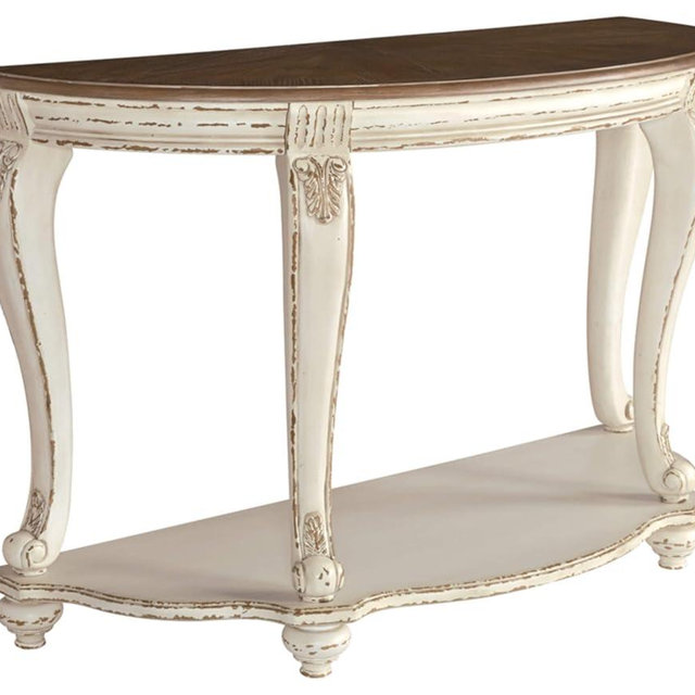 Signature Design by Ashley Realyn French Country Semi-Circle Console Table, White & Brown