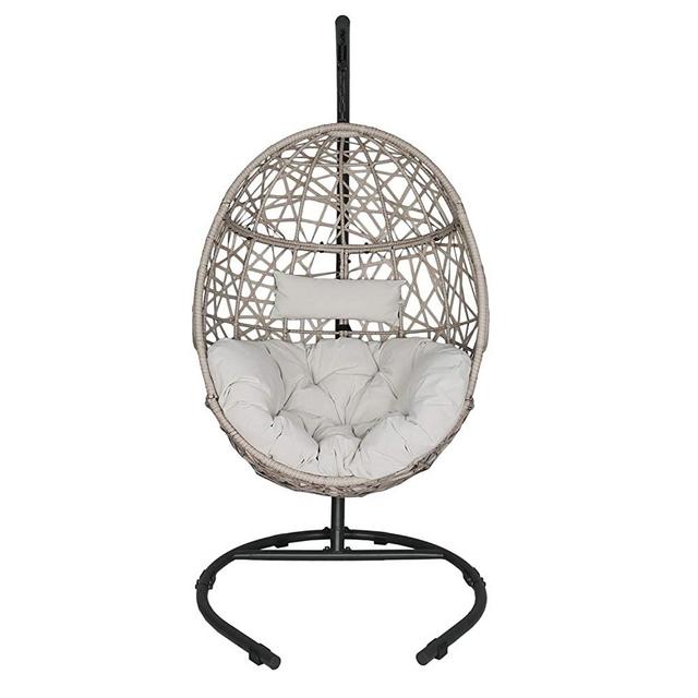 Outdoor Patio Wicker Hanging Basket Swing Chair Tear Drop Egg Chair with Cushion and Stand (Beige)