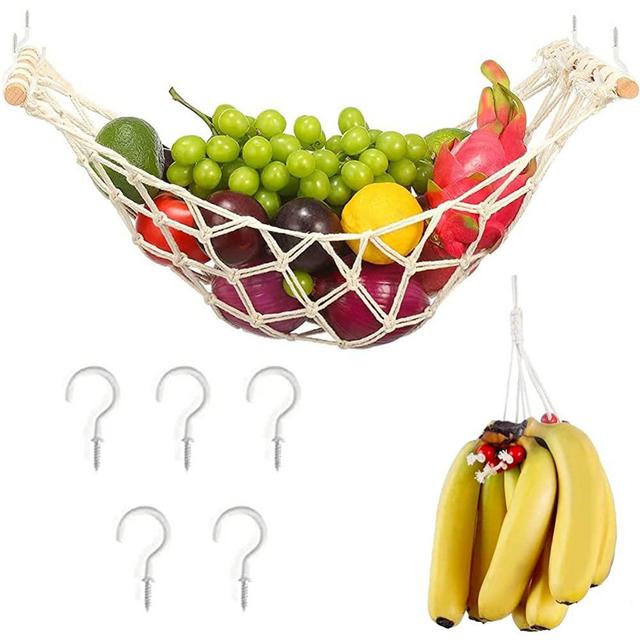 ANPTGHT Fruit Hammock - Macrame Hanging Fruit Basket Veggies Hammock Under Cabinet Produce and Fruit Storage Boho Kitchen Macrame Fruit Net with Banana Macrame Hangers and 5 Hooks