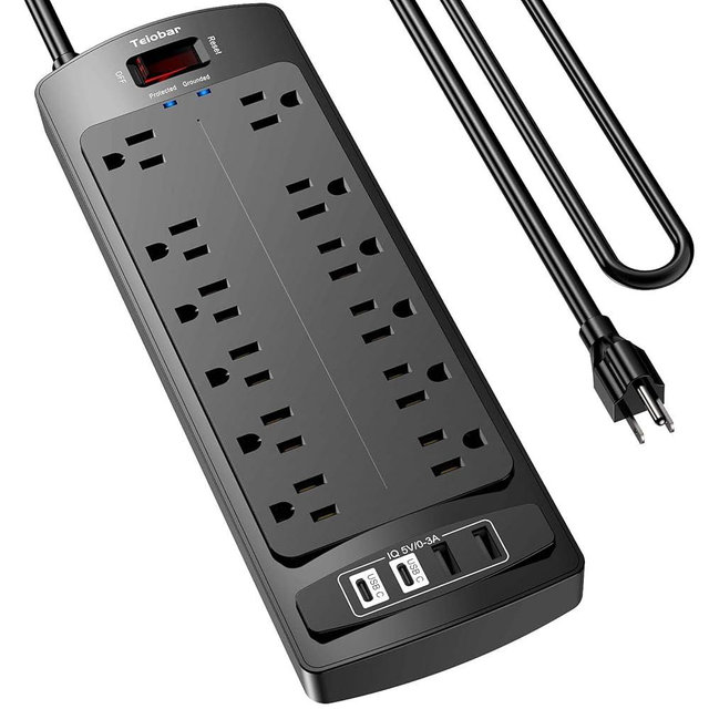 6 Ft Extension Cord Power Strip, Teiobar Surge Protector with 12 AC Outlets and 4 USB Ports for Home, Office, Dorm Essentials, 1875W/15A, 2700 Joules, ETL Listed, Black