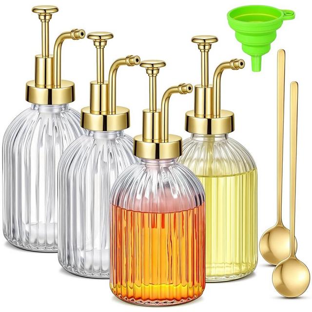 LemonRoad 4 Pcs Coffee Syrup Dispenser for Coffee Bar 10oz Glass Syrup Pump Dispenser with Gold Pump, Gold Scoop and Funnel for Bar Accessories