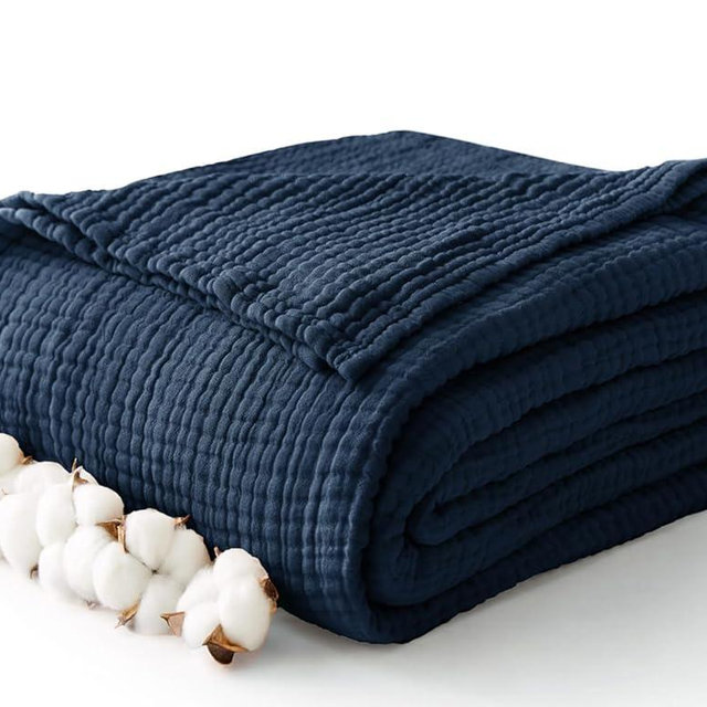 Kozyhvn 100% Cotton Muslin Blanket King 108" x 90", 6 Layers Breathable and Lightweight Cotton Throw Blanket for Bed, Soft Quilt Bedspread Coverlet, Gauze Blanket for Adults All Season, Navy