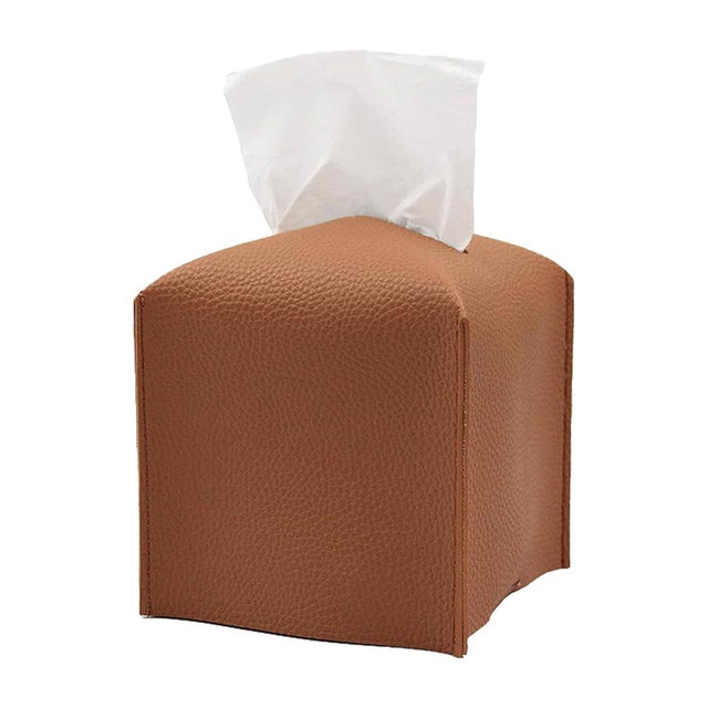 Hapforever 1PC Square Tissue Box Cover, PU Leather Square Tissue Box Holder with Bottom Belt Modern Tissue Box Organizer for Bathroom/Car/Hotel/Office (5.25”x5.25”x5”, Brown)
