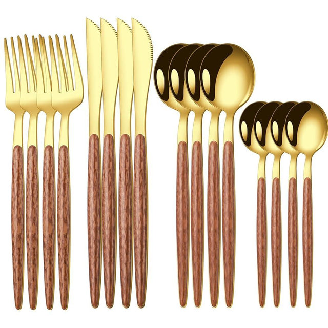 PEIRONG 16 Pcs Gold Silverware Set with Simulated Wooden Handle for 4,Stainless Steel Cutlery Set,Mirror Polished Tableware Utensils Flatware Set,Include Knives Spoons and Forks set,Dishwasher Safe