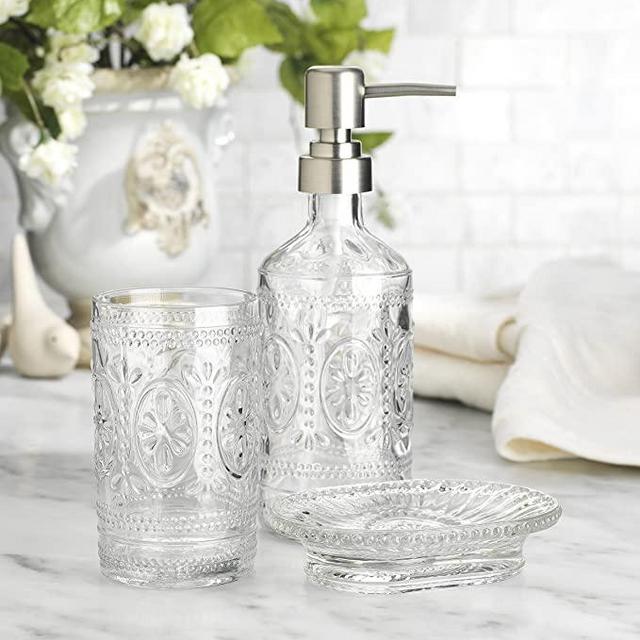 Glass Toothbrush Holder, Soap Holder & Lotion Dispenser in Clear