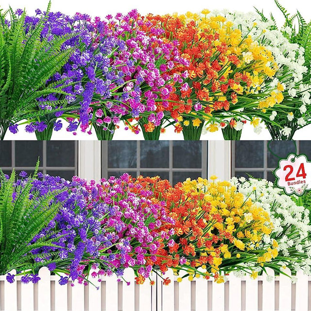 24 Bundles Artificial Flowers for Outdoor Decoration UV Resistant Fake Plastic Plants Faux Boston Fern Artificial Greenery for Summer Indoor Outdoor Garden Patio Window Box Kitchen Home Decor